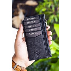 Garbalia, Unisex Siyah Hakiki Deri Fermuarlı Kartlık Cüzdan