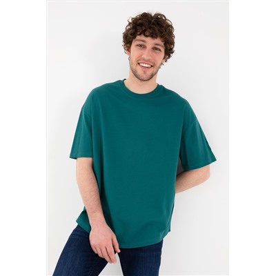 Erkek Long Fit Bisiklet Yaka Koyu Yeşil Basic Tişört