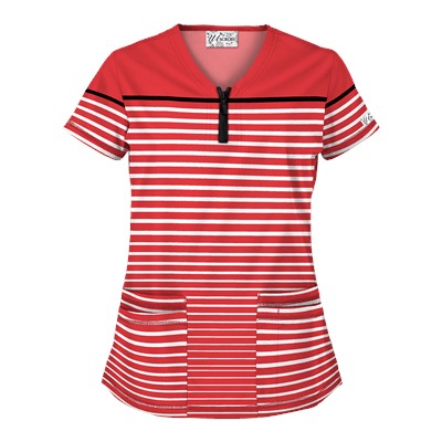 UA Sassy Stripes Poppy Y-Neck Print Scrub Top