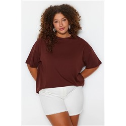 Trendyol Curve Kahverengi Bisiklet Yaka Sırtı Baskılı Örme T-shirt TBBSS23BF00024