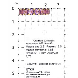 Серьги из золочёного серебра с нат.аметистом 925 пробы С-3714злс401