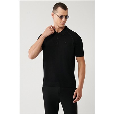 Avva Erkek Siyah Polo Yaka Kolları Örgü Detaylı Standart Fit Normal Kesim Rayon Triko T-shirt A32y5018 A32Y5018