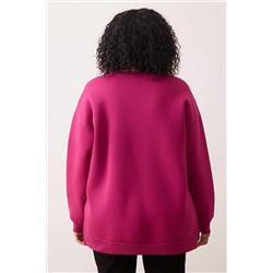 Fuşya Kalın İçi Polarlı Yırtmaçlı Oversize/Bol Kesim Örme Büyük Beden Sweatshirt TBBAW24AO00003