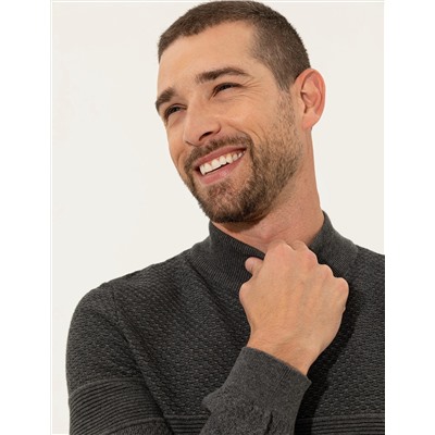 Gri Melanj Slim Fit Yarım Balıkçı Triko Kazak