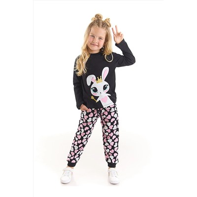 Denokids Tatlı Tavşan Kız Çocuk Siyah T-shirt Kalp Desenli Pantolon Takım CFF-22S1-039
