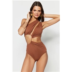 TRENDYOLMİLLA Kahverengi Tek Omuz Tünelli Cut Out/Pencereli Regular Core Mayokini TBESS23MA00206