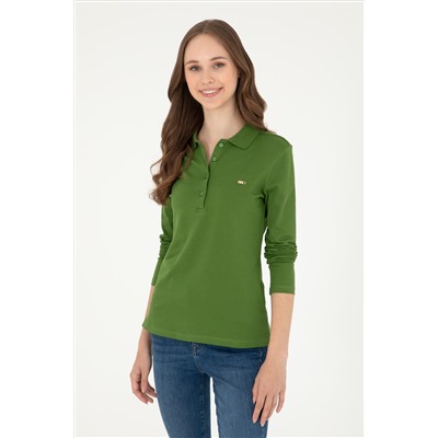 Kadın Yeşil Basic Polo Yaka Sweatshirt