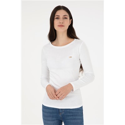 Kadın Beyaz Bisiklet Yaka Sweatshirt