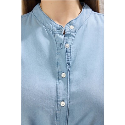Mavi Bisiklet Yaka Balon Kol Tencel Denim Büyük Beden Elbise TBBSS25AH00090