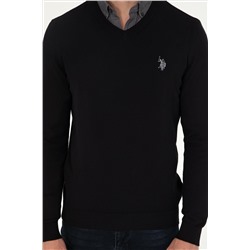 Erkek Slim Fit V Yaka Siyah Basic Kazak