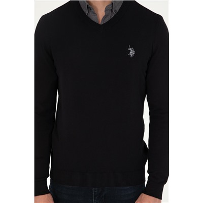 Erkek Slim Fit V Yaka Siyah Basic Kazak