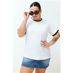 Beyaz Renk Blok Detaylı Boyfriend %100 Pamuk Örme T-shirt TBBSS24BF00012