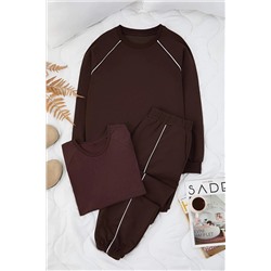 Kahverengi 3'lü Paket T-shirt Sweatshirt Eşofman Altı Takım TBBAW26TS00010