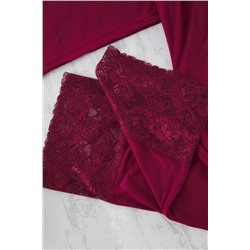 Bordo V Yaka Dantelli Örme Pijama Takımı TBBSS25AI00111