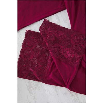 Bordo V Yaka Dantelli Örme Pijama Takımı TBBSS25AI00111