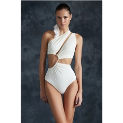 TRENDYOLMİLLA Ekru Tek Omuz Tünelli Cut Out/Pencereli Regular Core Mayokini TBESS23MA00206