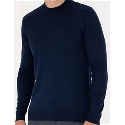 Açık Lacivert Slim Fit Çeyrek Yaka Basic Triko Kazak