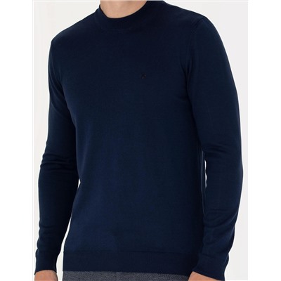 Açık Lacivert Slim Fit Çeyrek Yaka Basic Triko Kazak