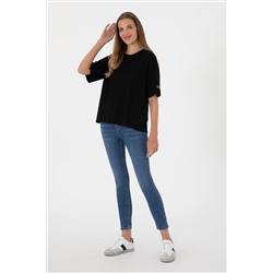 Kadın Siyah Oversize Bisiklet Yaka Tişört