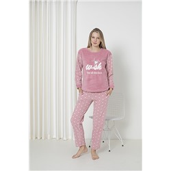 SEBOTEKS Wish Kalp Desenli Peluş Polar Cepli Kadın Pijama Takımı 4404 SBTKS4404