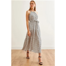Olalook, Kadın Puantiye Ekru Halter Yaka Kuşaklı Dokuma Viscon Elbise ELB-19001548