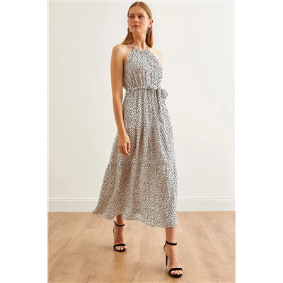 Olalook, Kadın Puantiye Ekru Halter Yaka Kuşaklı Dokuma Viscon Elbise ELB-19001548