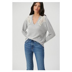 MaviV Yaka Uzun Kollu Gri Tişört Regular Fit / Normal Kesim 1612014-80196