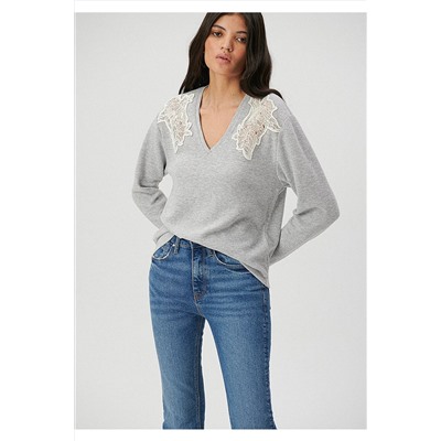 MaviV Yaka Uzun Kollu Gri Tişört Regular Fit / Normal Kesim 1612014-80196