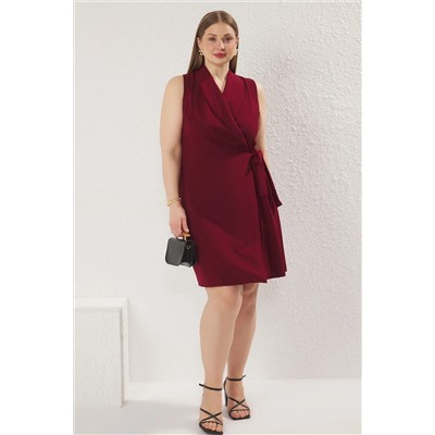 Bordo Düz Kruvaze Dokuma Elbise TBBSS23AH00254