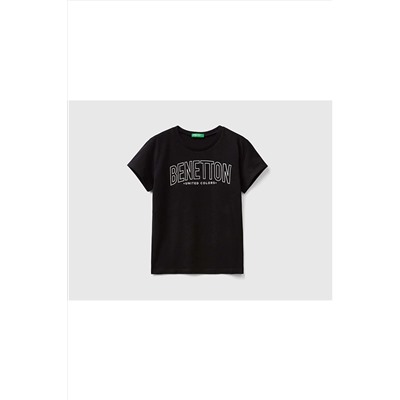United Colors of Benetton Kız Çocuk Siyah Su Baskılı Logolu T-shirt 223P3096C10C8-100