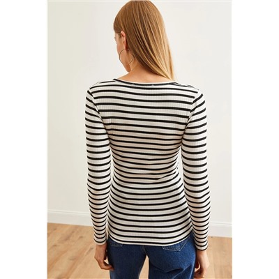 Olalook Kadın Kalın Fitilli Siyah Patlı Kaşkorse Bluz BLZ-19000588
