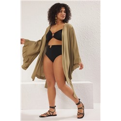 Haki Kolu Fırfırlı Volanlı Viskon Plaj Giyim Dokuma Büyük Beden Kimono&Kaftan TBBSS23DE00001