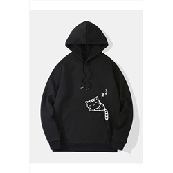 NEW MODACep Üstünde Kedi Baskılı Kapüşönlü Sweatshirt