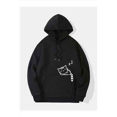 NEW MODACep Üstünde Kedi Baskılı Kapüşönlü Sweatshirt