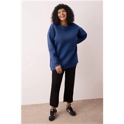 Indigo Kalın İçi Polarlı Yırtmaçlı Oversize/Bol Kesim Örme Büyük Beden Sweatshirt TBBAW24AO00003
