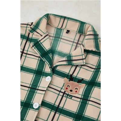 Yeşil Nakışlı Ekoseli Polar Kışlık Örme Pijama Takımı TBBAW26AI00005