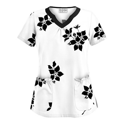 UA Spacious Bouquet White Scallop Neck Scrub Top