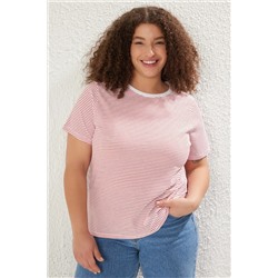 Kırmızı Çizgili Bisiklet Yaka Çizgili Örme T-Shirt TBBSS23BF00068