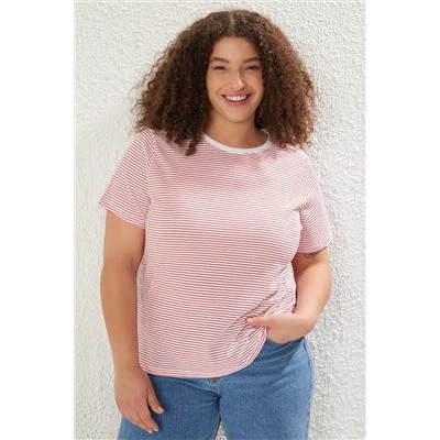 Kırmızı Çizgili Bisiklet Yaka Çizgili Örme T-Shirt TBBSS23BF00068