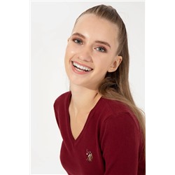 Kadın Bordo V - Yaka Basic Kazak