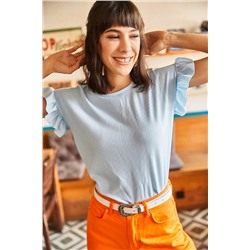 Olalook, Kadın Bebe Mavi Kolu Fırfırlı Kaşkorse Tişört TSH-19000417