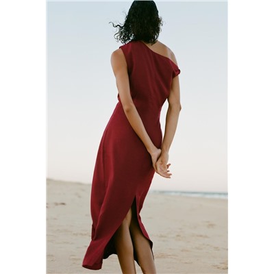 LINEN BLEND DRAPED MIDI DRESS