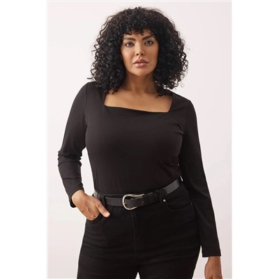 Siyah Kare Yaka Büzgü/Drape Detaylı Slim/Vücuda Oturan Örme Büyük Beden Bluz  TBBAW26AF00022