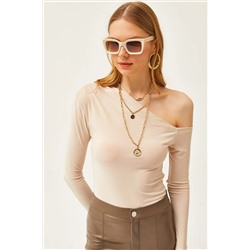 Olalook, Kadın Taş Asimetrik Yaka Likralı Sandy Bluz BLZ-19002484