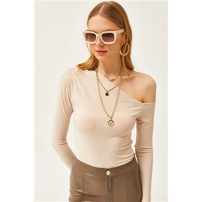 Olalook, Kadın Taş Asimetrik Yaka Likralı Sandy Bluz BLZ-19002484
