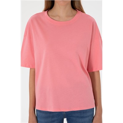 Kadın Pembe Oversize Bisiklet Yaka Tişört