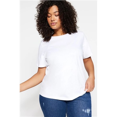 Beyaz Regular Fit Basic Bisiklet Yaka %100 Pamuk Örme Büyük Beden T-Shirt TBBSS22TS0733