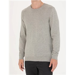 Açık Gri Melanj Slim Fit Bisiklet Yaka Basic Triko Kazak