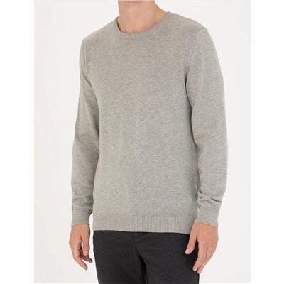 Açık Gri Melanj Slim Fit Bisiklet Yaka Basic Triko Kazak
