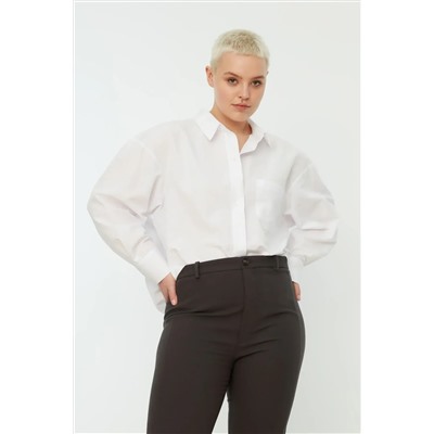 Beyaz Loose Fit Pamuklu Uzun Kol Büyük Beden Dokuma Gömlek TBBSS22GO0323